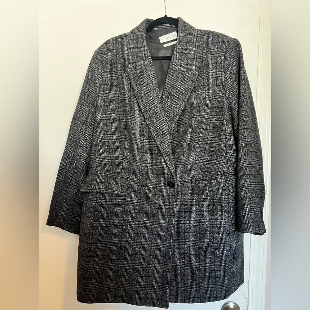 Mango Women's Gray Plaid Long Blazer Coat